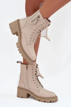 Skórzane Botki Damskie Na Klocku Ocieplane Vinceza 86418 Beżowe