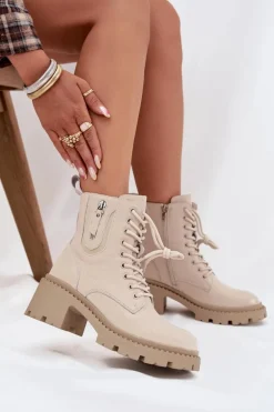 Skórzane Botki Damskie Na Klocku Ocieplane Vinceza 86418 Beżowe