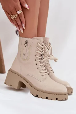 Skórzane Botki Damskie Na Klocku Ocieplane Vinceza 86418 Beżowe