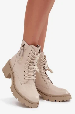 Skórzane Botki Damskie Na Klocku Ocieplane Vinceza 86418 Beżowe