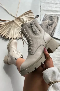 Skórzane Botki Damskie Na Klocku Ocieplane Vinceza 86418 Beżowe