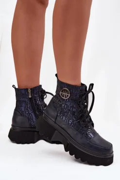 Skórzane Botki Damskie Na Platformie Z Napisami I Ozdobnym Detalem Artiker 57C2271 Granatowe