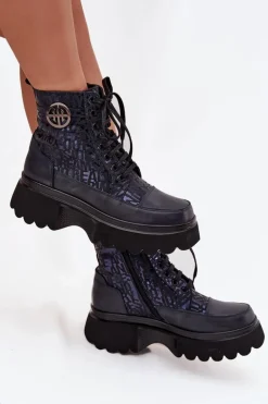 Skórzane Botki Damskie Na Platformie Z Napisami I Ozdobnym Detalem Artiker 57C2271 Granatowe