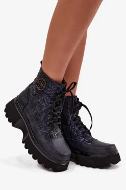 Skórzane Botki Damskie Na Platformie Z Napisami I Ozdobnym Detalem Artiker 57C2271 Granatowe