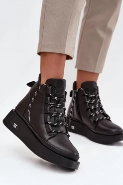 Skórzane Botki Damskie Na Platformie Ocieplane Artiker 55C0809 Czarne