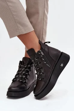 Skórzane Botki Damskie Na Platformie Ocieplane Artiker 55C0809 Czarne