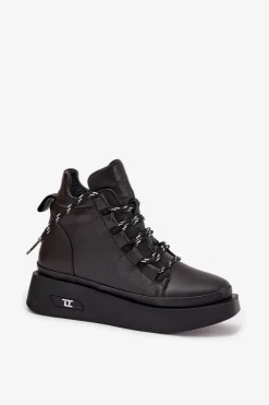 Skórzane Botki Damskie Na Platformie Ocieplane Artiker 55C0809 Czarne