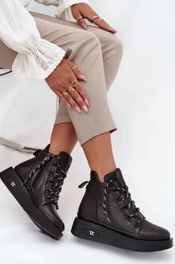 Skórzane Botki Damskie Na Platformie Ocieplane Artiker 55C0809 Czarne