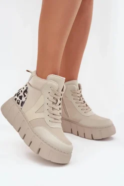 Skórzane Botki Damskie Na Platformie Ocieplane Vinceza 66838 Beżowe