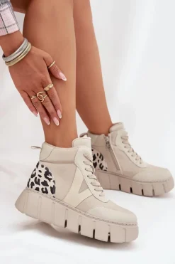 Skórzane Botki Damskie Na Platformie Ocieplane Vinceza 66838 Beżowe