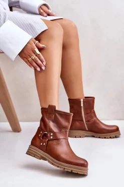 Skórzane Botki Damskie Na Płaskim Obcasie Lewski 3610 Brązowe