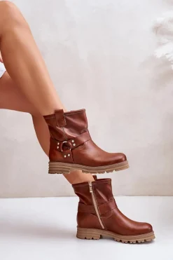 Skórzane Botki Damskie Na Płaskim Obcasie Lewski 3610 Brązowe
