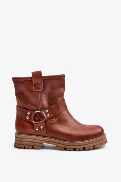 Skórzane Botki Damskie Na Płaskim Obcasie Lewski 3610 Brązowe