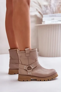 Skórzane Botki Damskie Na Płaskim Obcasie Lewski 3610 Beżowe