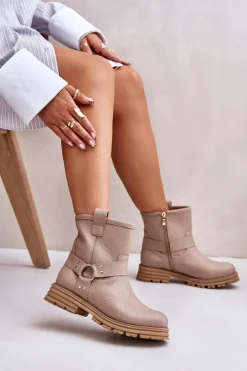Skórzane Botki Damskie Na Płaskim Obcasie Lewski 3610 Beżowe