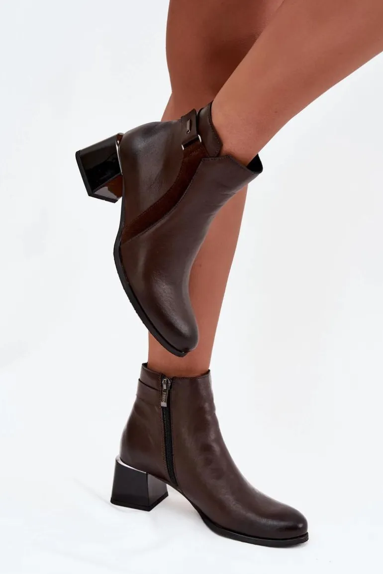 Skórzane Botki Damskie Na Obcasie Ocieplane Zazoo 60563 Czekoladowe