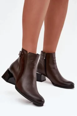 Skórzane Botki Damskie Na Obcasie Ocieplane Zazoo 60563 Czekoladowe