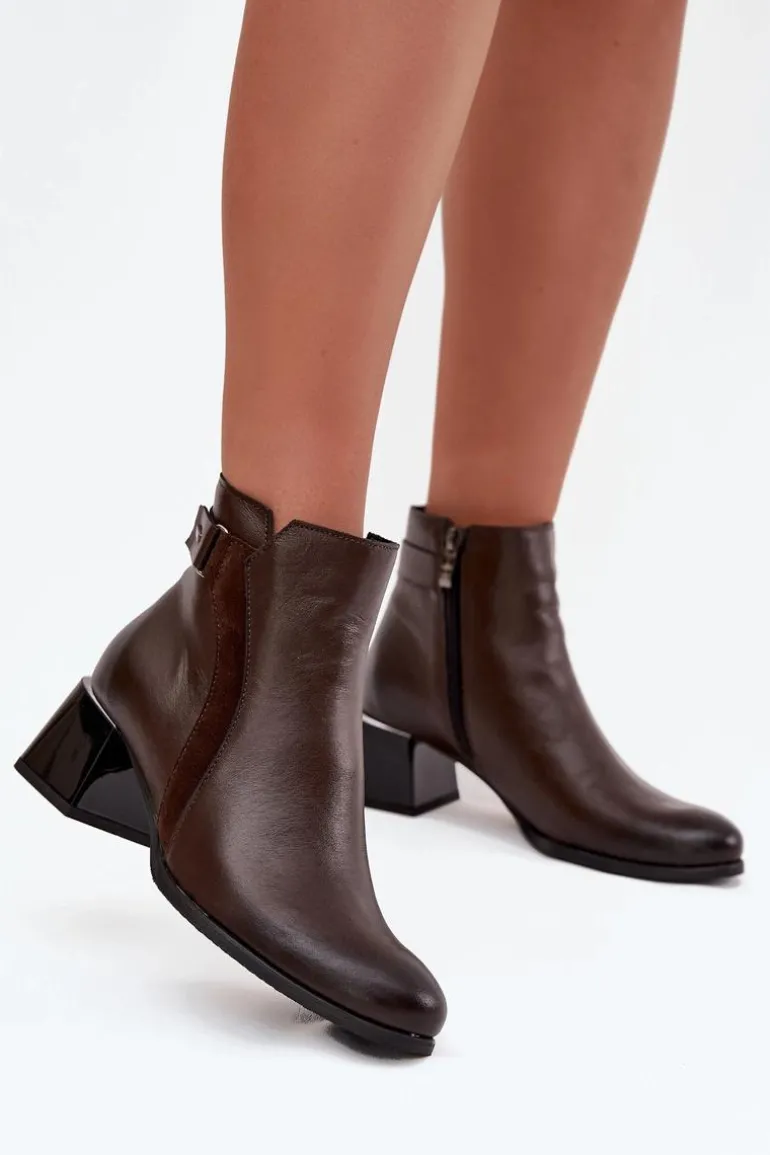 Skórzane Botki Damskie Na Obcasie Ocieplane Zazoo 60563 Czekoladowe