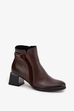 Skórzane Botki Damskie Na Obcasie Ocieplane Zazoo 60563 Czekoladowe