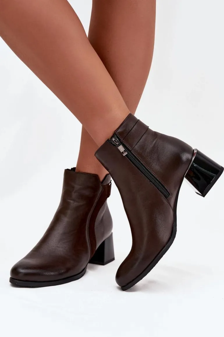 Skórzane Botki Damskie Na Obcasie Ocieplane Zazoo 60563 Czekoladowe