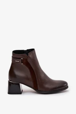 Skórzane Botki Damskie Na Obcasie Ocieplane Zazoo 60563 Czekoladowe