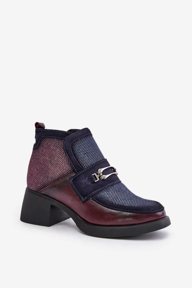 Skórzane Botki Damskie Na Masywnym Obcasie Z Ozdobą Maciejka 06747-23 Bordowo-Granatowe