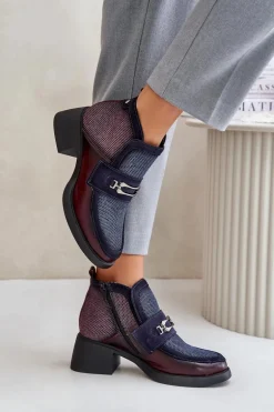 Skórzane Botki Damskie Na Masywnym Obcasie Z Ozdobą Maciejka 06747-23 Bordowo-Granatowe