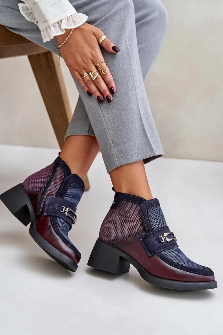 Skórzane Botki Damskie Na Masywnym Obcasie Z Ozdobą Maciejka 06747-23 Bordowo-Granatowe