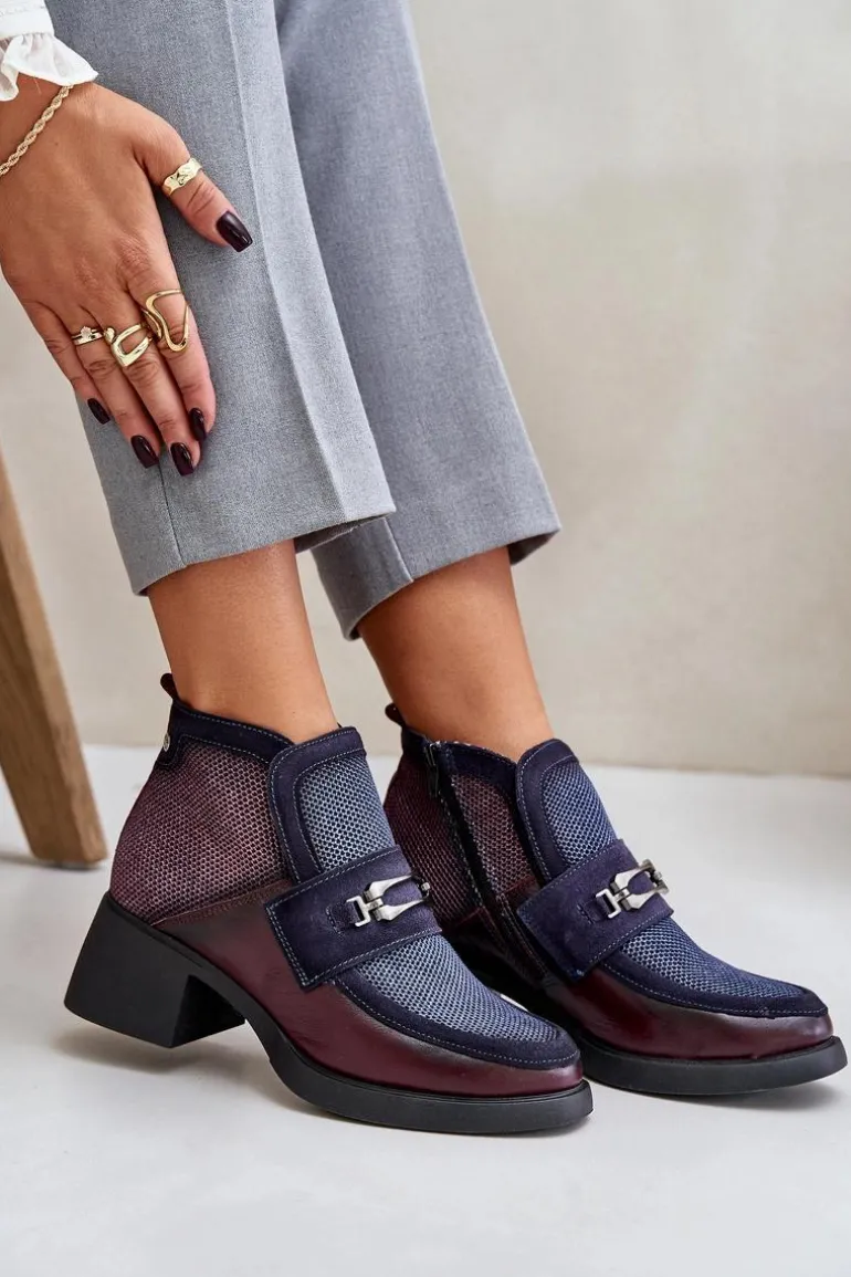 Skórzane Botki Damskie Na Masywnym Obcasie Z Ozdobą Maciejka 06747-23 Bordowo-Granatowe