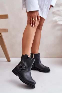 Skórzane Botki Damskie Na Płaskim Obcasie Lewski 3610 Czarne
