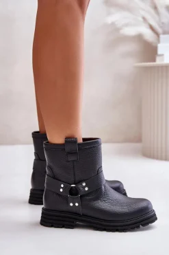 Skórzane Botki Damskie Na Płaskim Obcasie Lewski 3610 Czarne