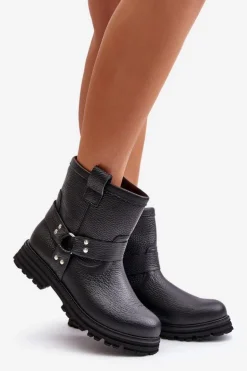 Skórzane Botki Damskie Na Płaskim Obcasie Lewski 3610 Czarne