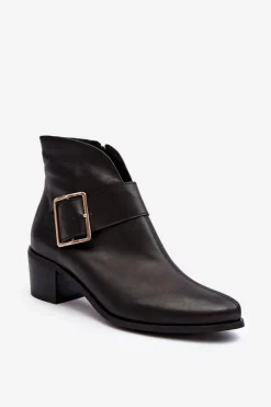 Skórzane Botki Damskie Na Niskim Słupku Z Klamrą Czarne Liliane