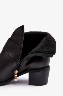 Skórzane Botki Damskie Na Niskim Słupku Z Klamrą Czarne Liliane