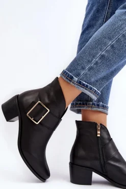 Skórzane Botki Damskie Na Niskim Słupku Z Klamrą Czarne Liliane