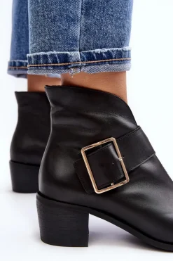 Skórzane Botki Damskie Na Niskim Słupku Z Klamrą Czarne Liliane