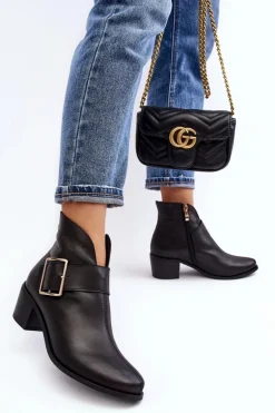 Skórzane Botki Damskie Na Niskim Słupku Z Klamrą Czarne Liliane