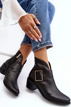 Skórzane Botki Damskie Na Niskim Słupku Z Klamrą Czarne Liliane