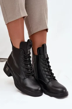 Skórzane Botki Damskie Na Niskim Obcasie Vinceza 66818 Czarne