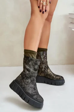 Skórzane Botki Damskie Na Masywnej Platformie Maciejka 06766-09 Khaki