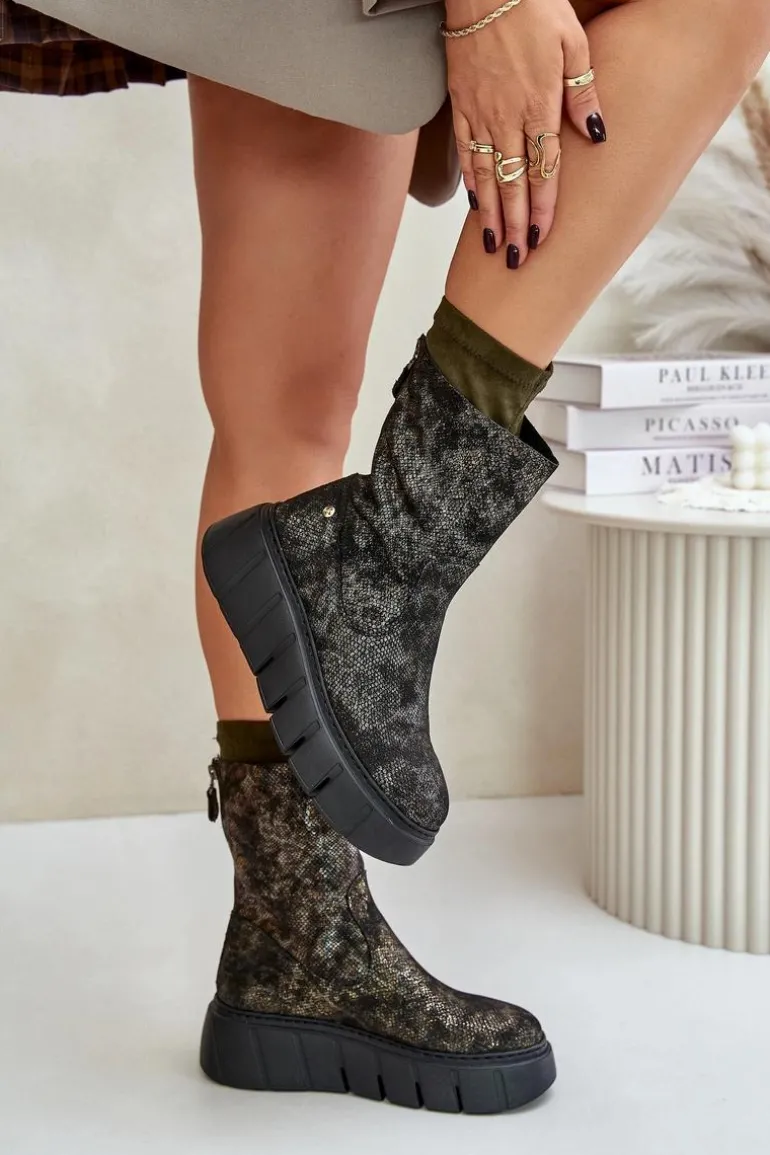 Skórzane Botki Damskie Na Masywnej Platformie Maciejka 06766-09 Khaki