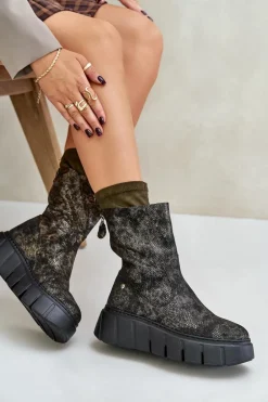 Skórzane Botki Damskie Na Masywnej Platformie Maciejka 06766-09 Khaki