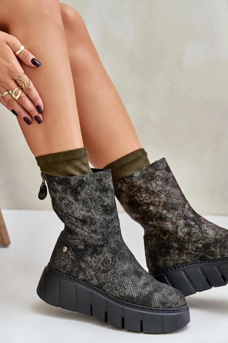 Skórzane Botki Damskie Na Masywnej Platformie Maciejka 06766-09 Khaki