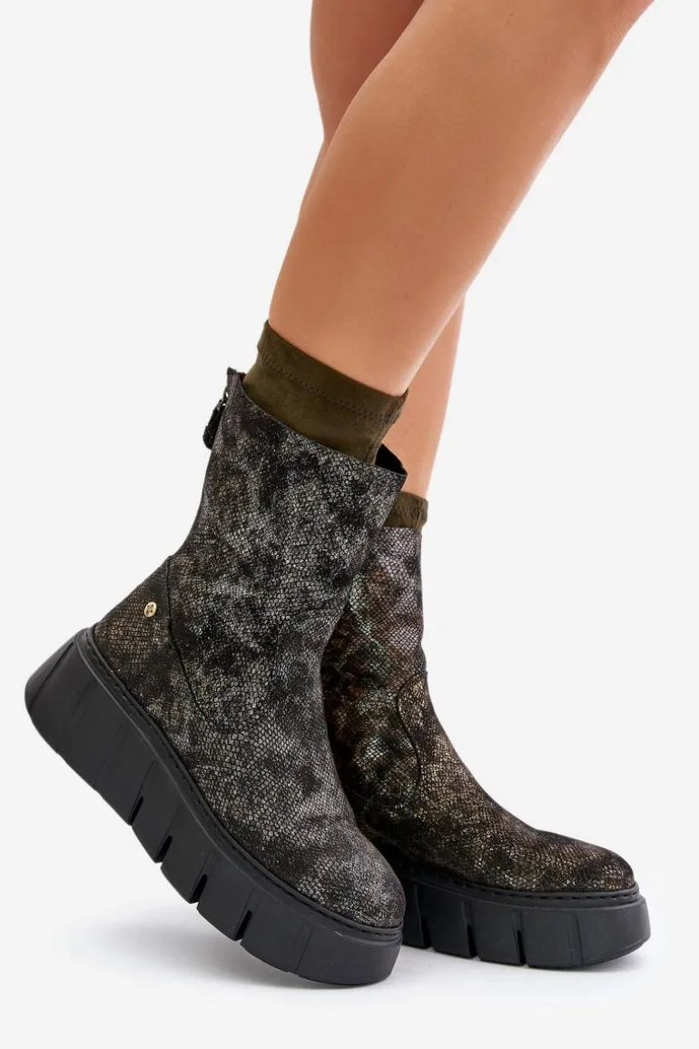 Skórzane Botki Damskie Na Masywnej Platformie Maciejka 06766-09 Khaki