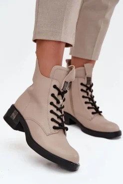 Skórzane Botki Damskie Na Niskim Obcasie Vinceza 66818 Beżowe