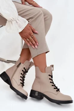 Skórzane Botki Damskie Na Niskim Obcasie Vinceza 66818 Beżowe