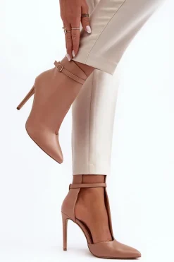 Skórzane Botki Damskie Na Szpilce Beżowe Amalundi