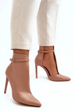 Skórzane Botki Damskie Na Szpilce Beżowe Amalundi