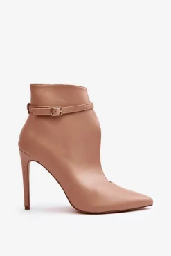 Skórzane Botki Damskie Na Szpilce Beżowe Amalundi