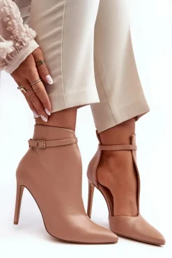 Skórzane Botki Damskie Na Szpilce Beżowe Amalundi